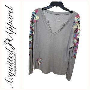 Disney Gray Long Sleeve Top Colorful Heart and Mickey Ears Accents
